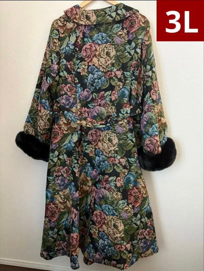 【超希少・3L】新品 くる実 しまむら ロングコート ゴブラン 花柄 BLACK
