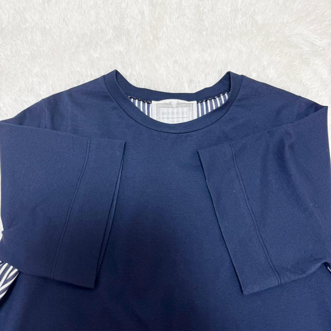 【ビアズリー】☆美品☆現行ストライプコンビカットソー 半袖　ネイビーFREE