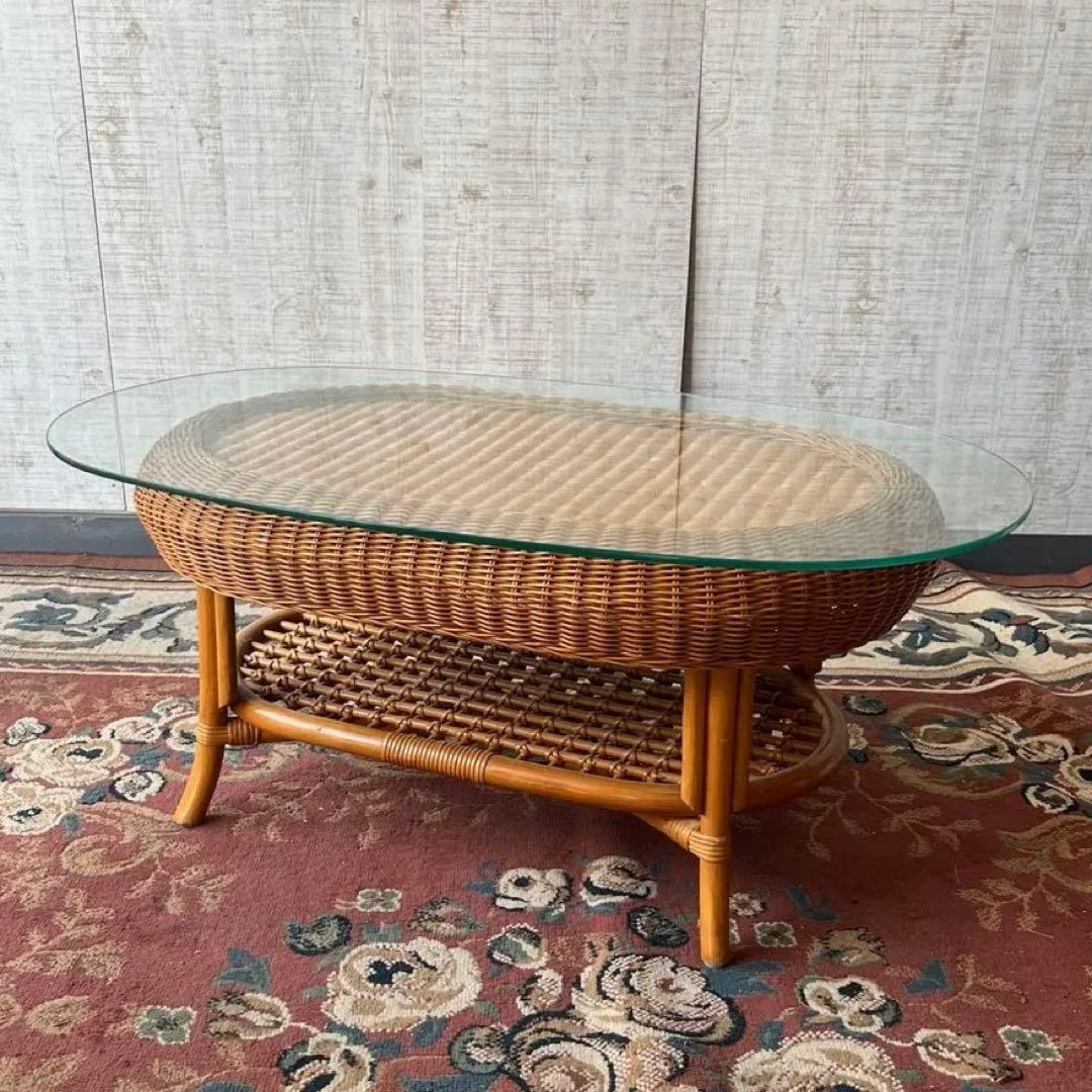 昭和レトロ ヴィンテージ 大型 ラタンオーバルテーブル センターテーブル 楕円形