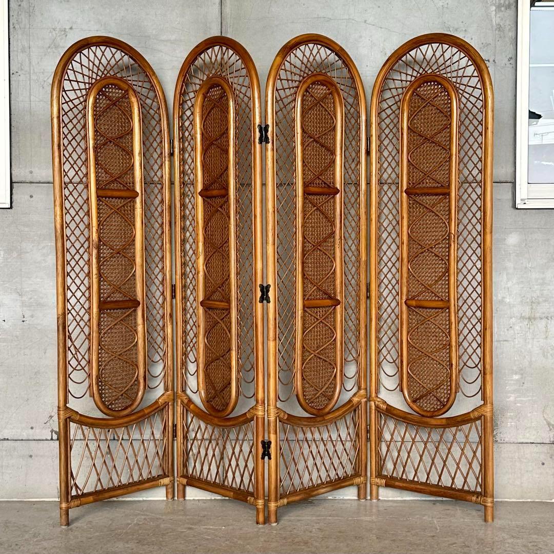 ꧁オールドラタン꧂4連パーティション　間仕切り　藤　アジアン　アンティーク