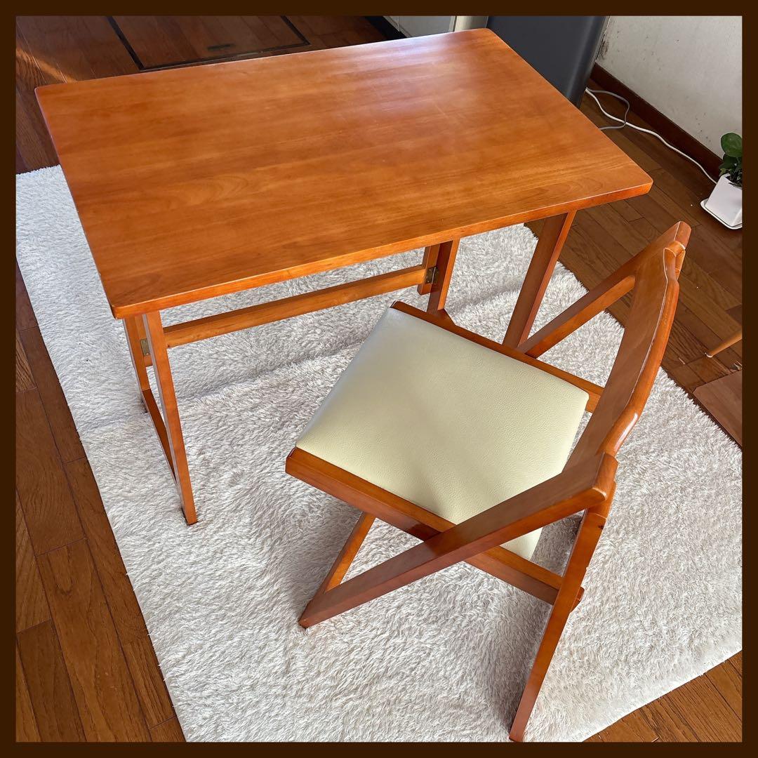 美品】天然木 折りたたみ デスク チェア セット 椅子 テーブル ワークスタディ