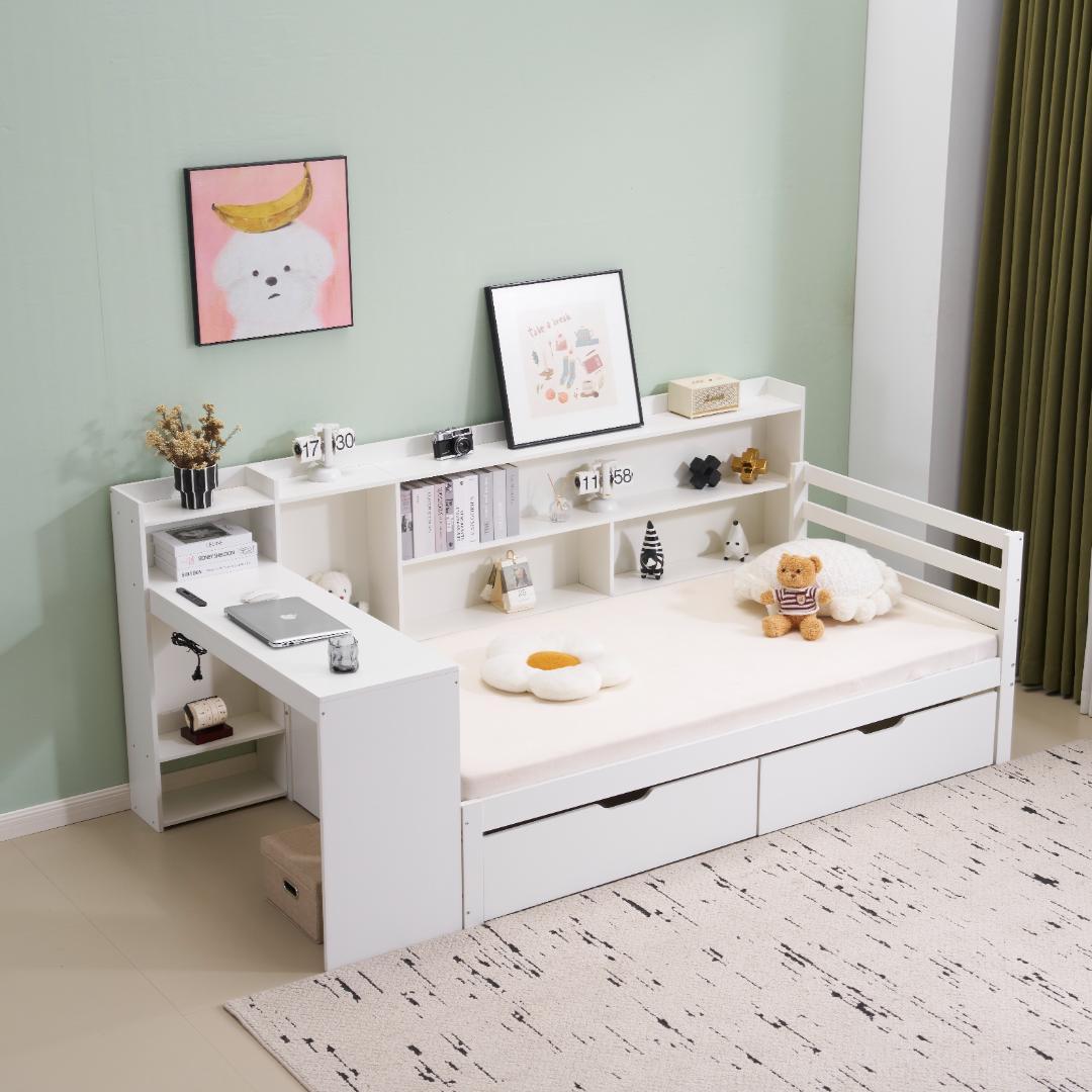 【新品】パイン材システムベッド 階段&デスク付き 収納充実 北欧風 ホワイト