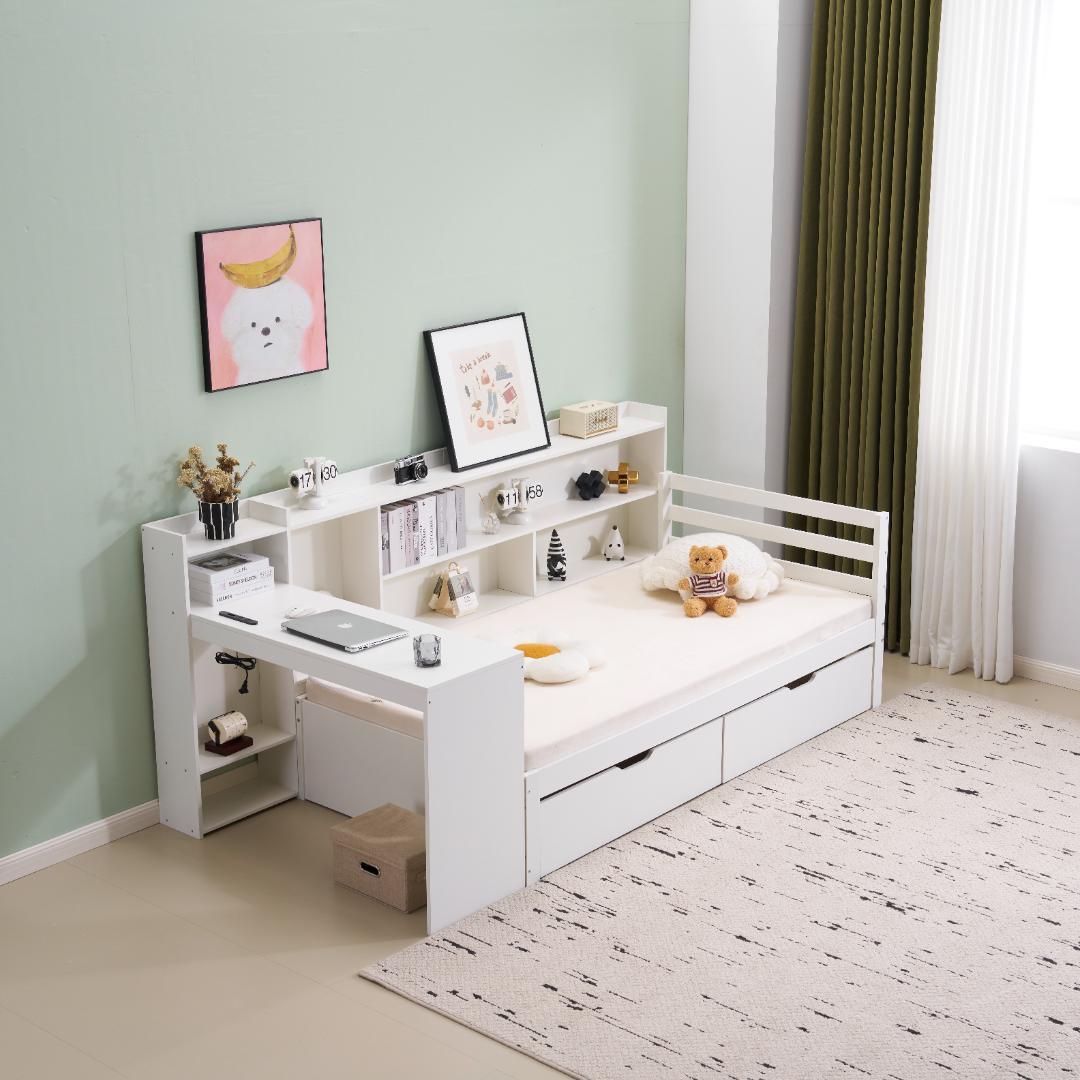 【新品】パイン材システムベッド 階段&デスク付き 収納充実 北欧風 ホワイト