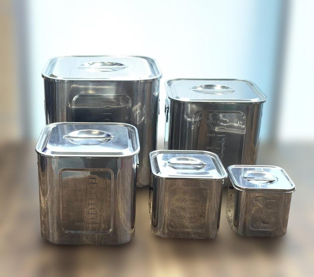 ユキワ 18-8ステンレス 角深型キッチンポット 5個セット 手・目盛・蓋付 ①