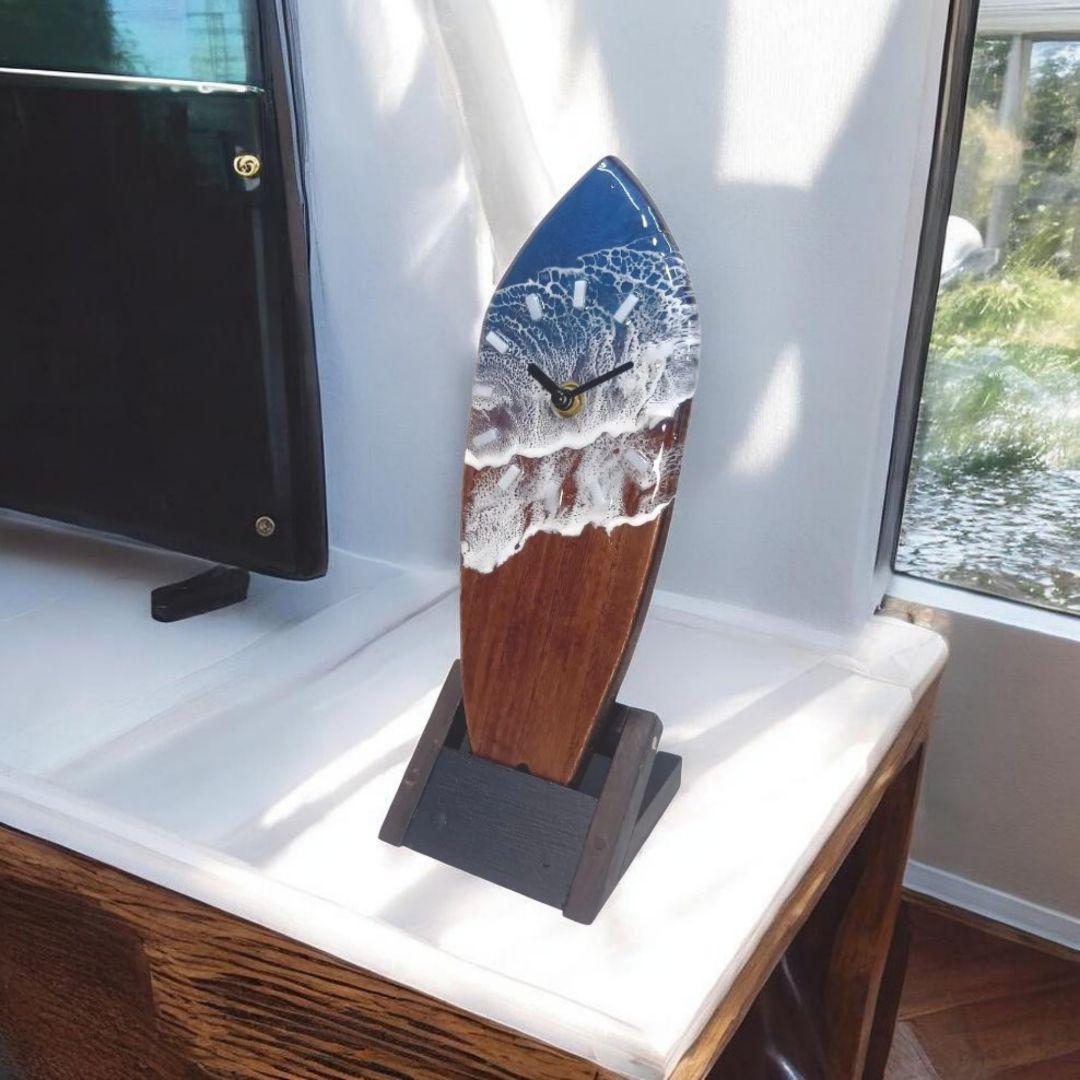 【1106】オーシャンアート　ウッドレジン　 サーフボード　時計　インテリア雑貨