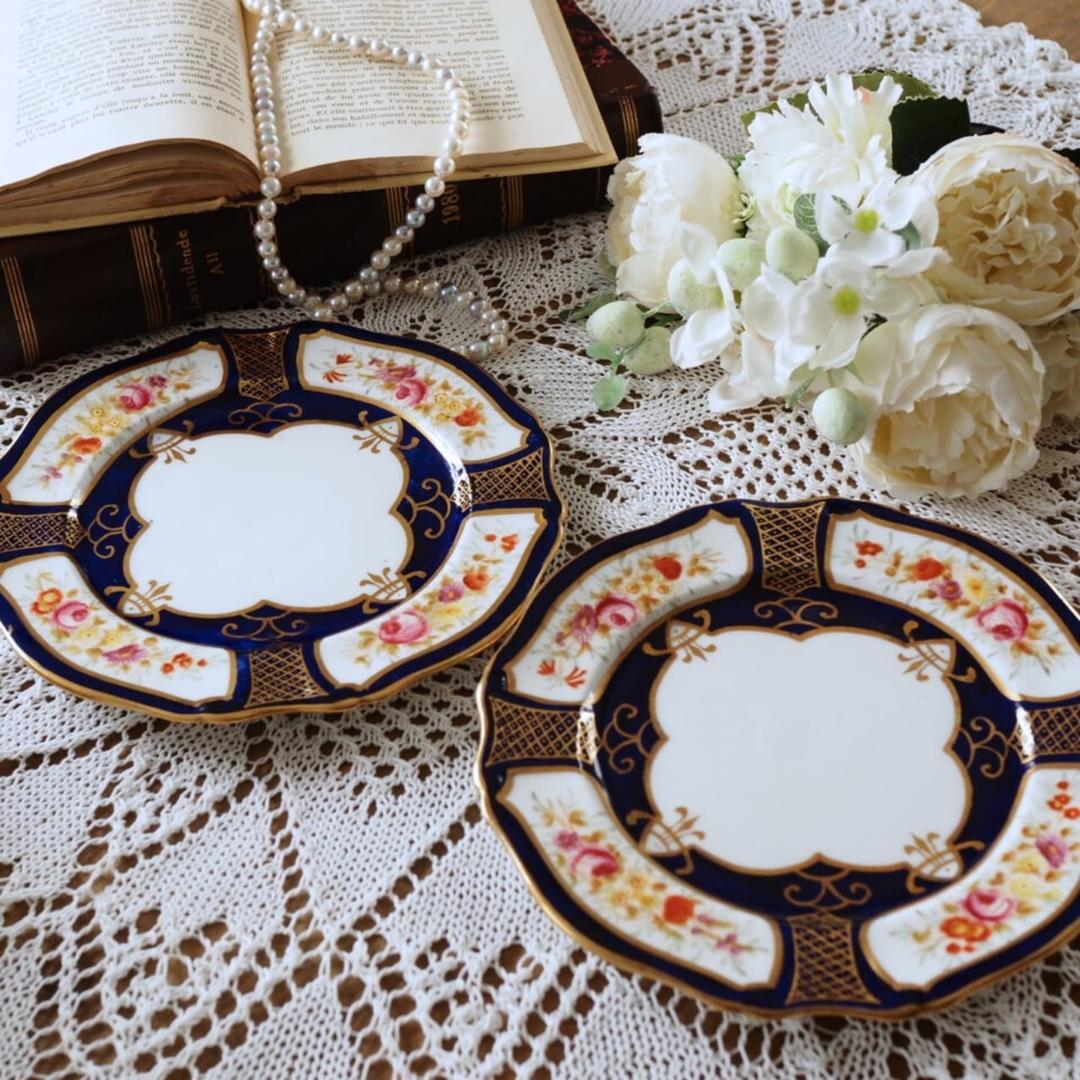 素敵　英国ハマースレイ　コバルト＆ゴールド　ローズ　プレート２枚　F3