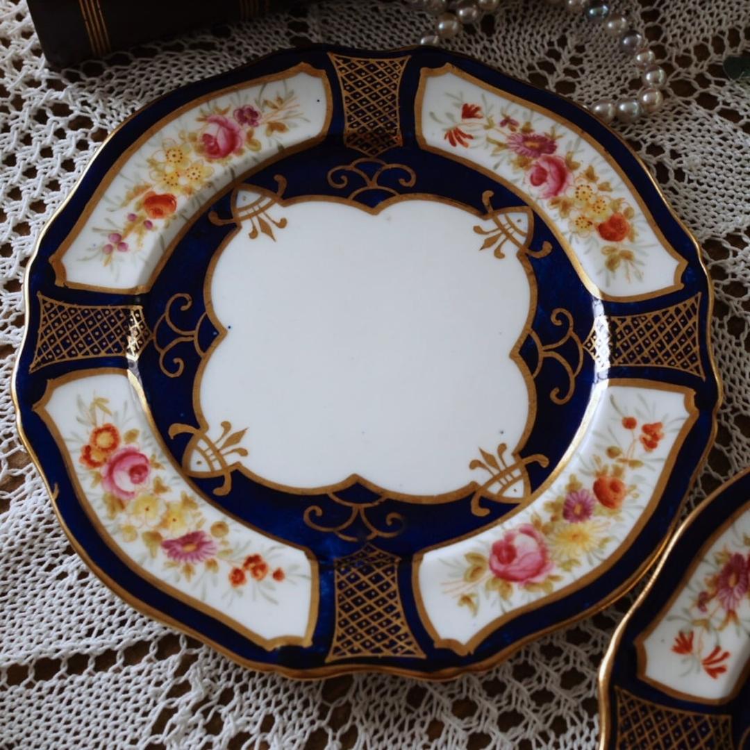 素敵　英国ハマースレイ　コバルト＆ゴールド　ローズ　プレート２枚　F3