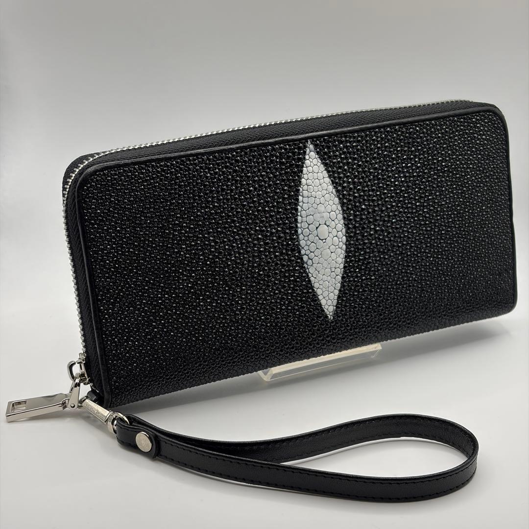 スティングレイ 長財布 ブラック ラウンドファスナー ストラップ付き 天眼