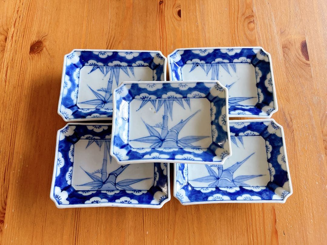 【古伊万里】幕末〜明治期 染付 竹文様 隅切角皿 5客揃え /豆皿 小皿 手塩皿