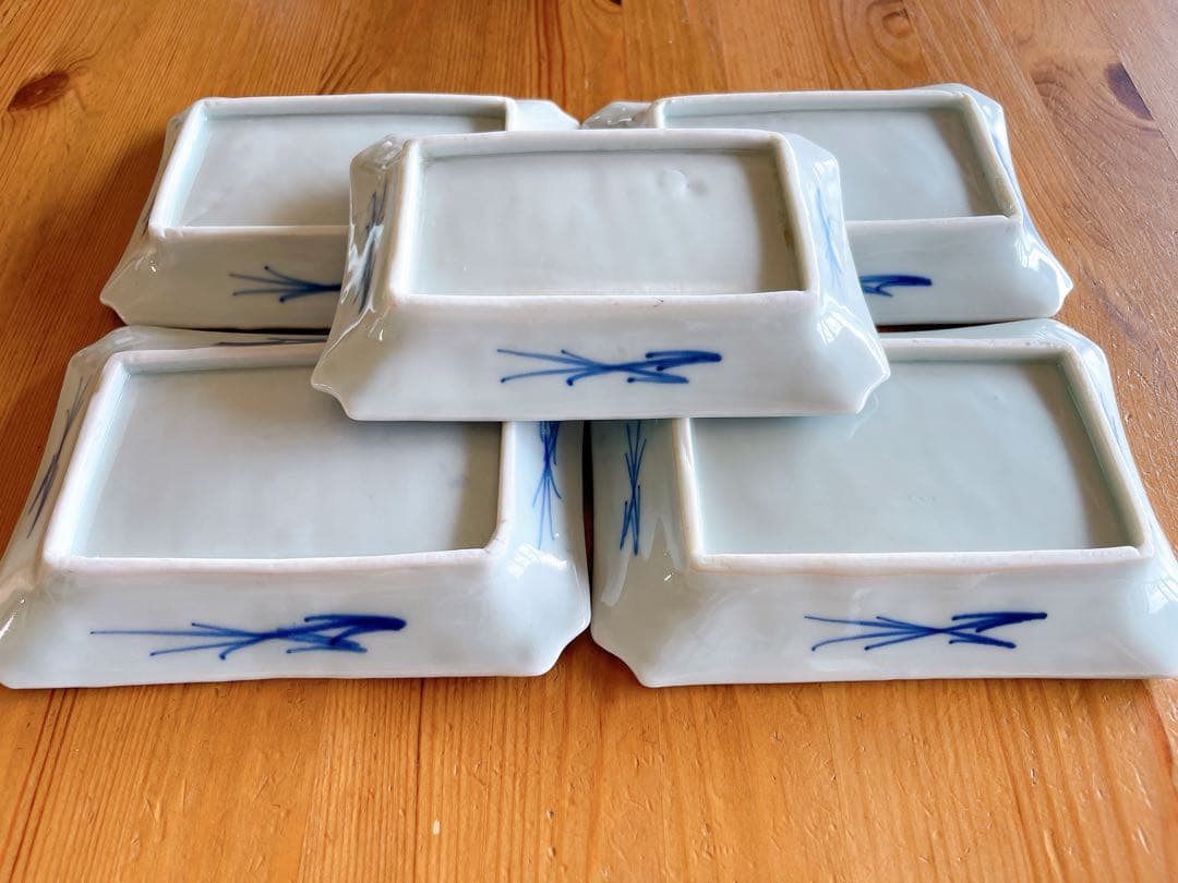 【古伊万里】幕末〜明治期 染付 竹文様 隅切角皿 5客揃え /豆皿 小皿 手塩皿