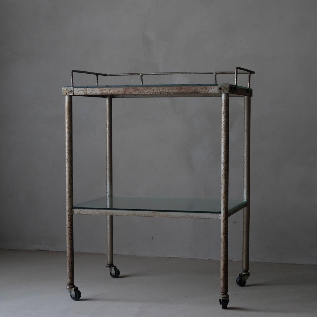 古いガラストップワゴン　棚 シェルフ 収納 古家具 古道具 アンティーク レトロ