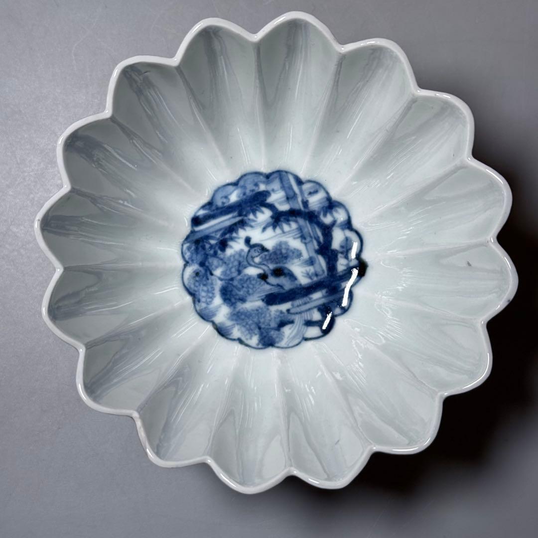 江戸中期〜後期　古伊万里　藍九谷花鳥図菊花形向付　五点　最上手　特注桐箱　共布