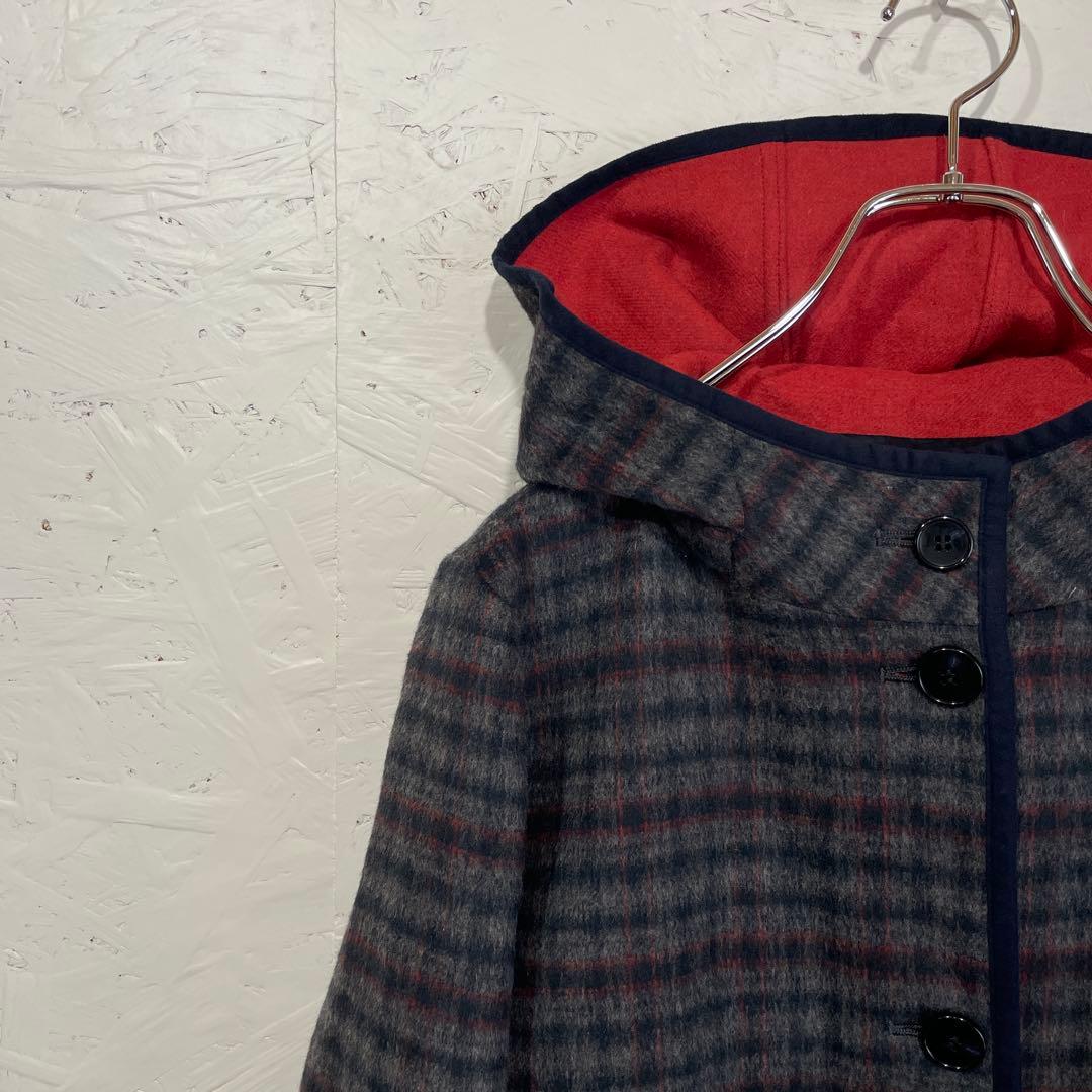 日本製　アンゴラ混【Leilian】チェック柄フード付きウールコート　9