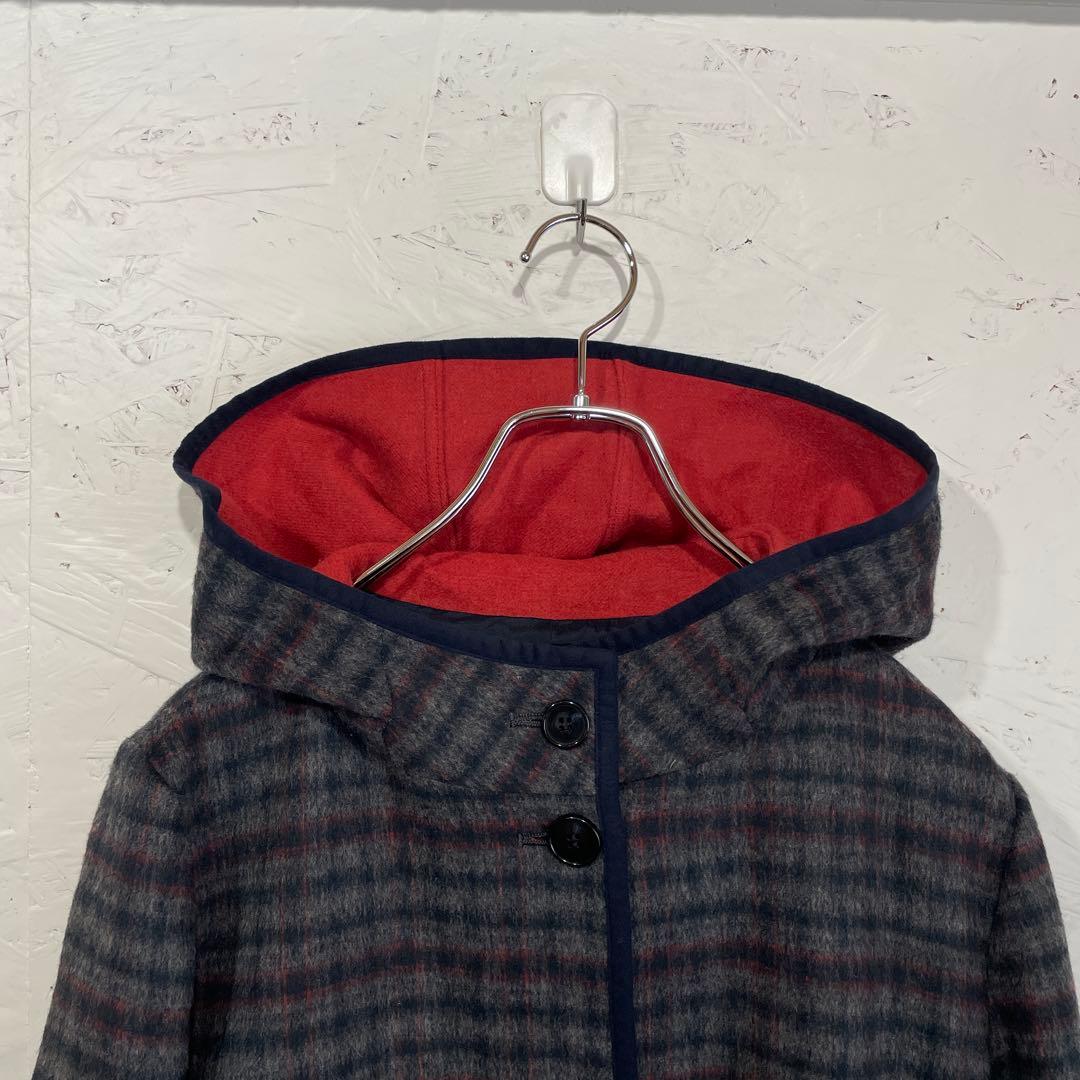 日本製　アンゴラ混【Leilian】チェック柄フード付きウールコート　9