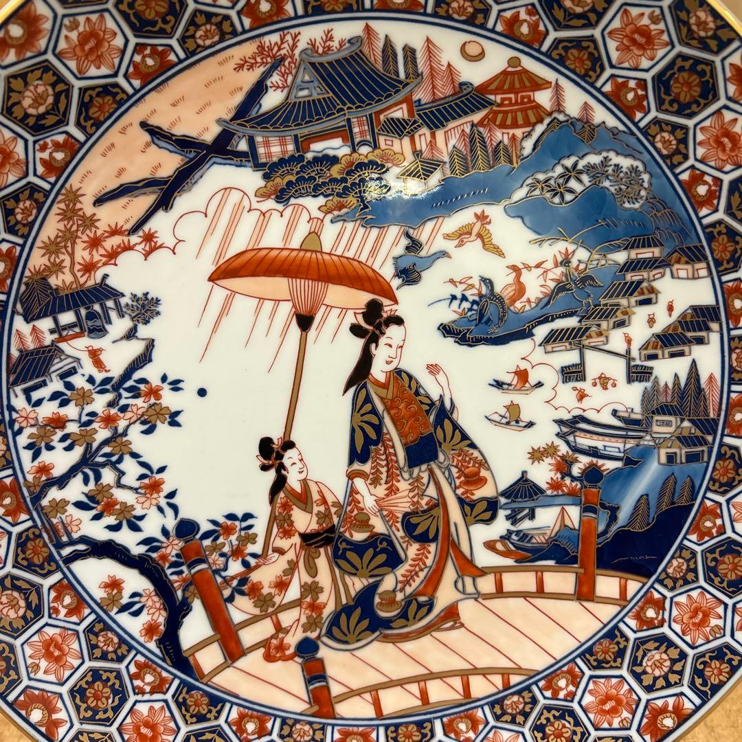 有田焼　松右衛門　古伊万里　飾り皿大皿色絵傘 美人文大皿　近江八景之　箱皿立付