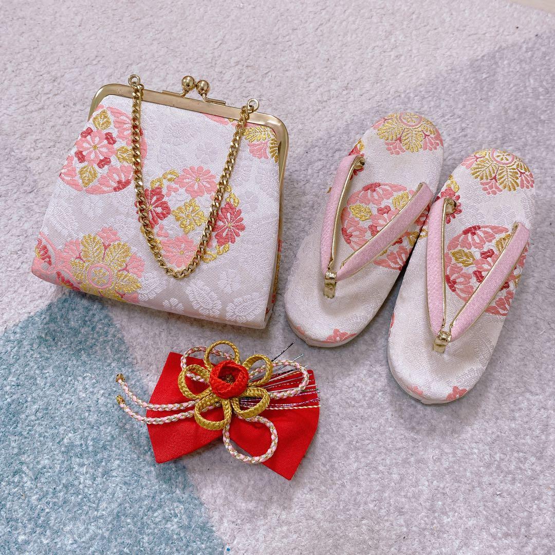 七五三 3歳 アンティーク 着物 作り帯 バッグ 草履 髪飾り セット