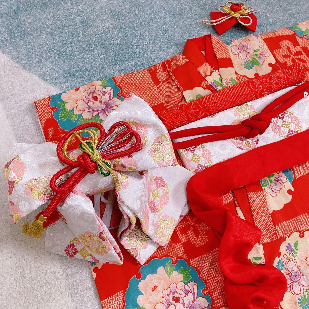 七五三 3歳 アンティーク 着物 作り帯 バッグ 草履 髪飾り セット