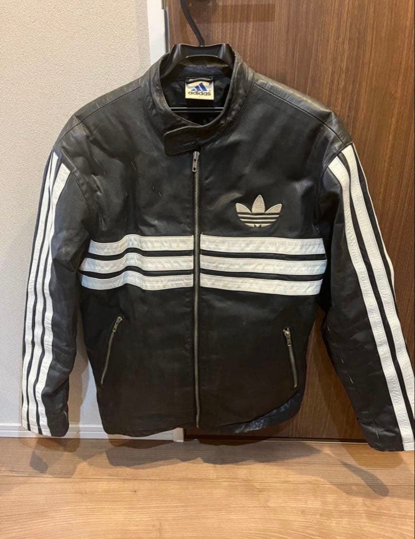 adidas テザント　レザー ジャケット 黒 ストライプ　L