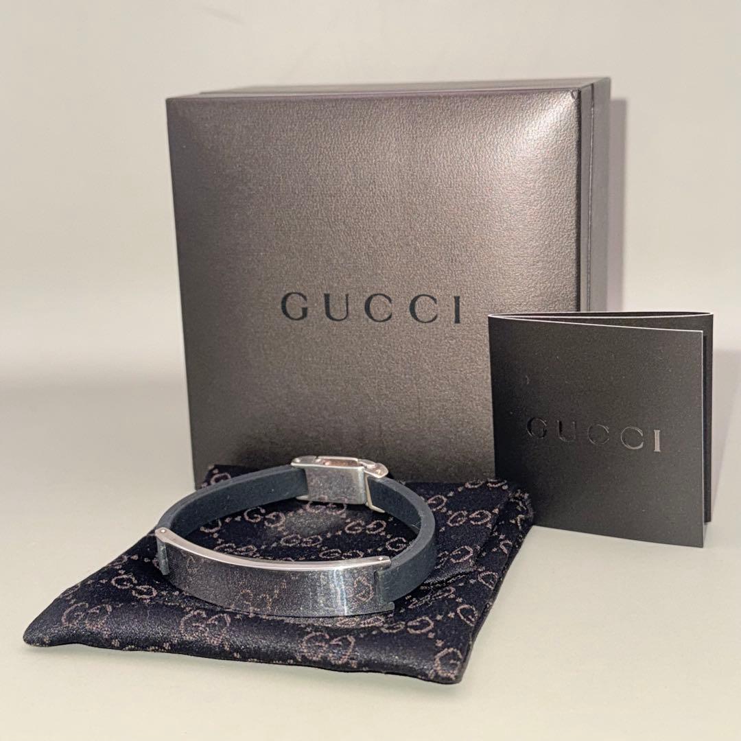 GUCCI ブラック レザー•シルバーバングル　ブレスレット