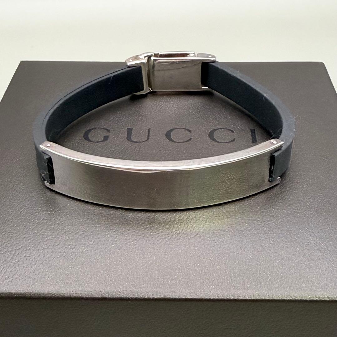 GUCCI ブラック レザー•シルバーバングル　ブレスレット