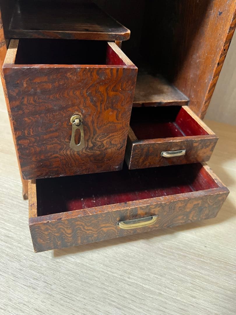 昭和レトロ 鏡付き木製小箪笥 虎斑木纹 化妆收纳