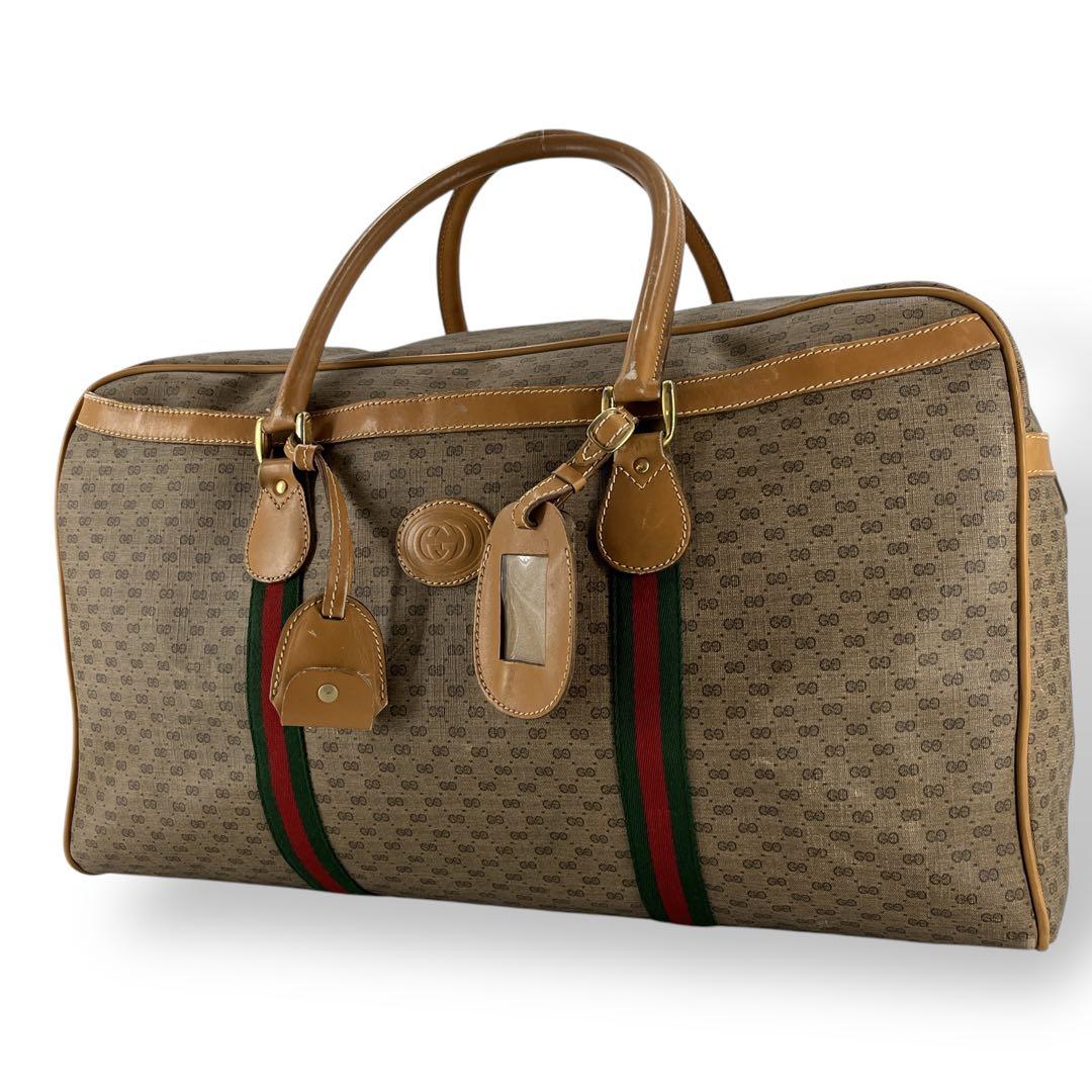 オールドグッチ　マイクロGG ボストンバッグ　シェリーライン　ブラウン　PVC