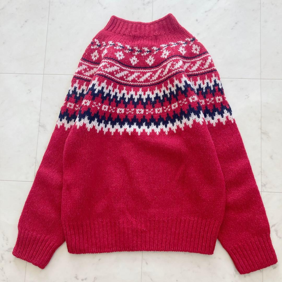 美品　Harley of Scotland ハイネックノルディックニット　赤系