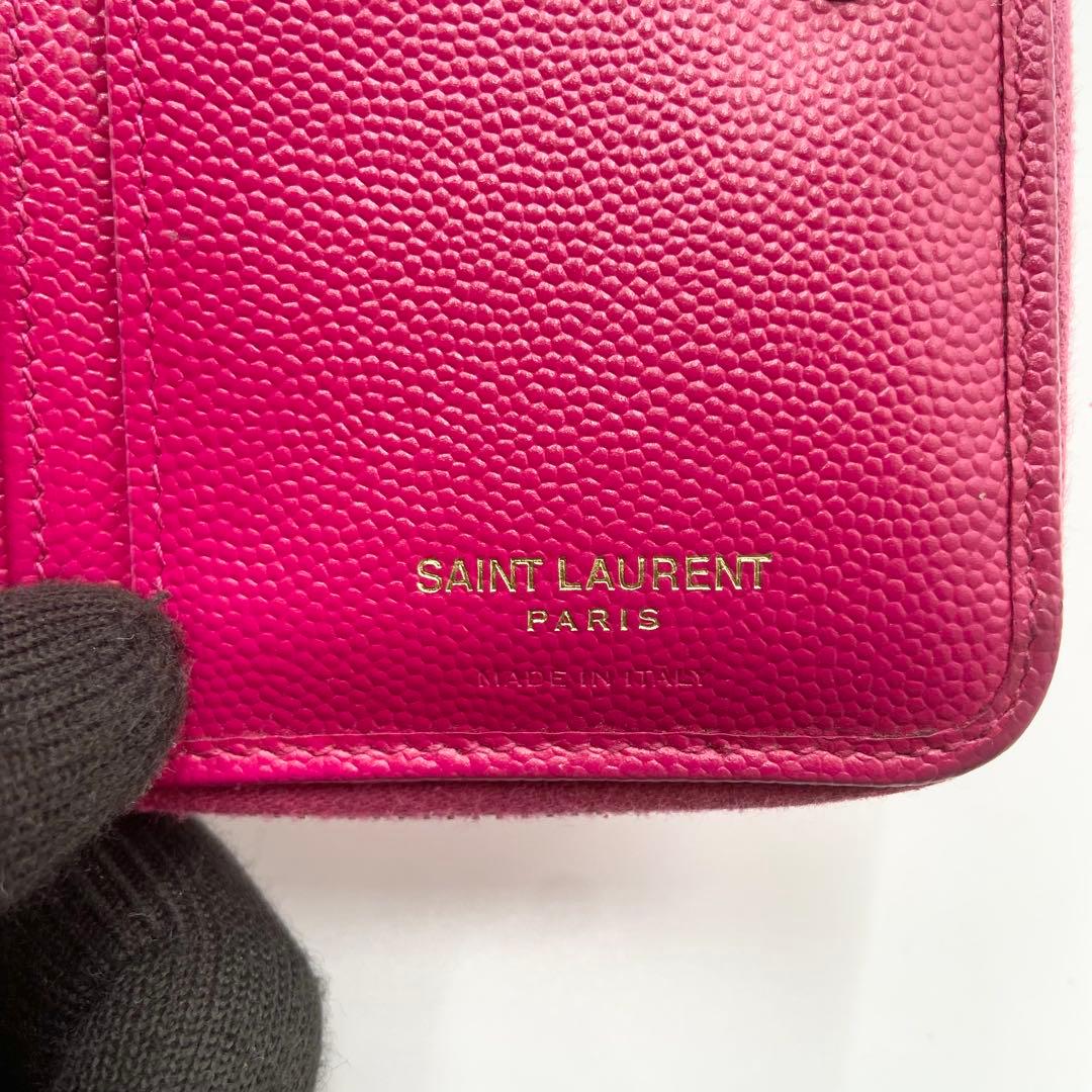 サンローラン　折り財布　カサンドラ　YSL キャビアスキン　レザー　ピンク