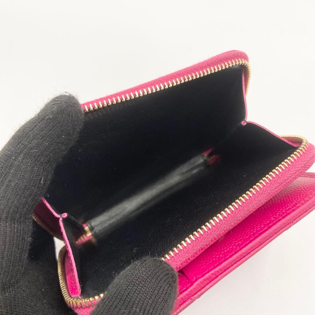 サンローラン　折り財布　カサンドラ　YSL キャビアスキン　レザー　ピンク