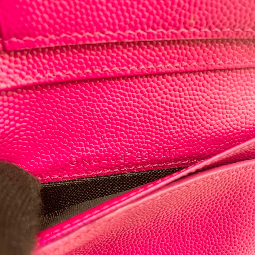 サンローラン　折り財布　カサンドラ　YSL キャビアスキン　レザー　ピンク