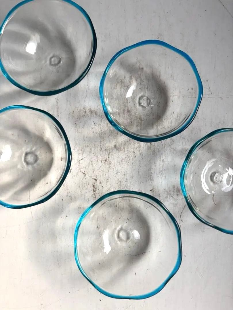 824 民芸 工芸 倉敷ガラス 色口巻き輪花小鉢 5枚組 ブルー 美品