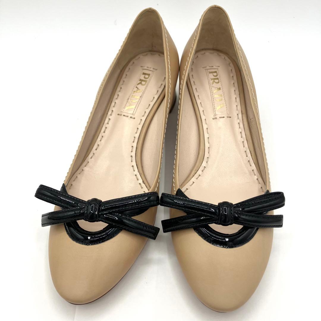 プラダ　パンプス　23cm リボン　コンビレザー 太ヒール　バイカラー