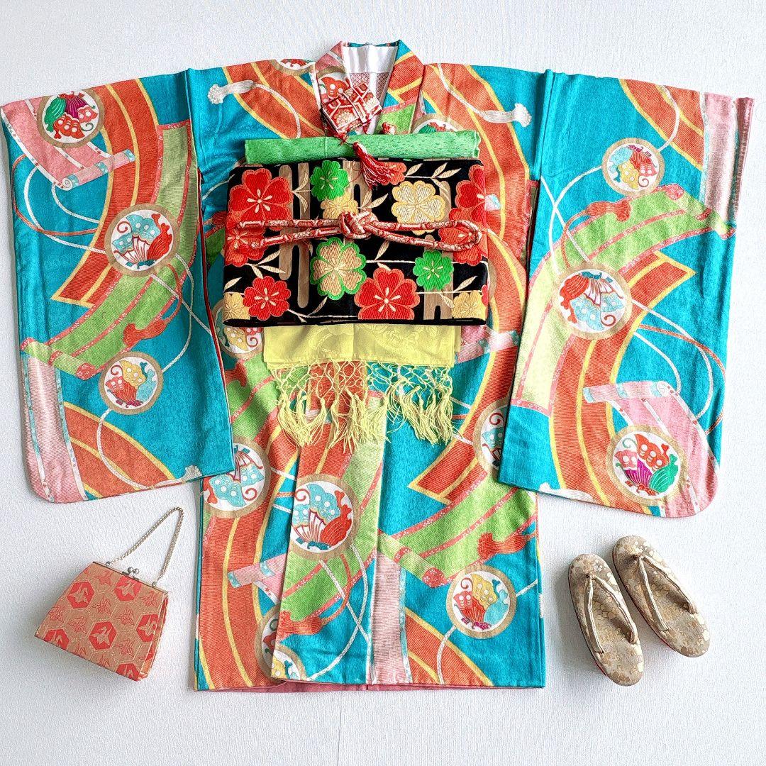 フルセット　七五三　７歳女の子　水色　蝶のし　モダン個性的　袖なし長襦袢7092