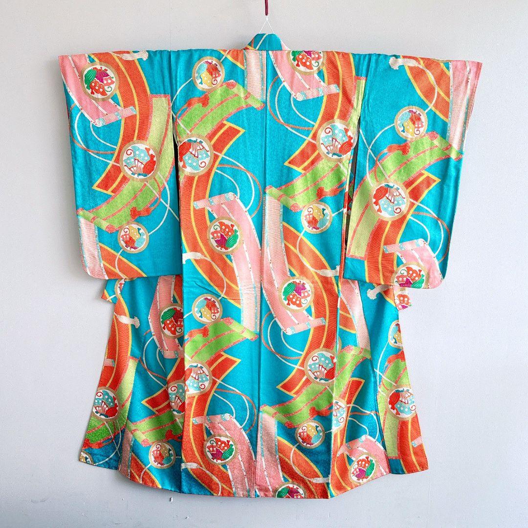 フルセット　七五三　７歳女の子　水色　蝶のし　モダン個性的　袖なし長襦袢7092