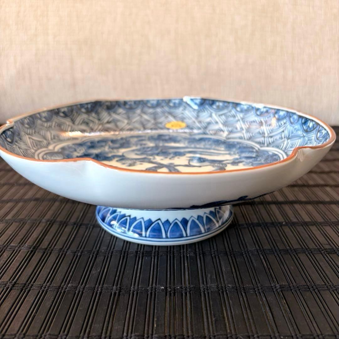 【未使用品】【三川内焼】【平戸松山窯】手描き 染付花鳥 高台鉢 高台皿 足付き皿