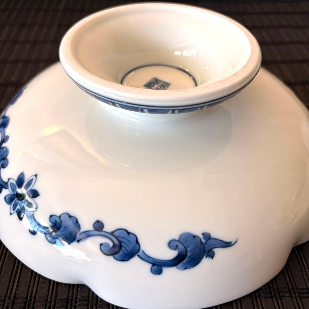 【未使用品】【三川内焼】【平戸松山窯】手描き 染付花鳥 高台鉢 高台皿 足付き皿