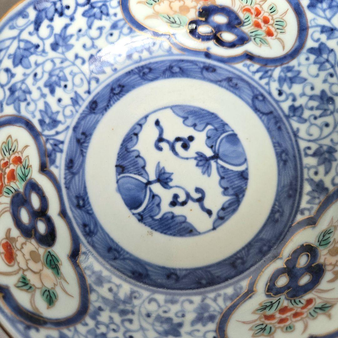 古伊万里　花唐草　深皿　江戸時代　染付　金彩　赤絵　金直し　金継ぎ　アンティーク