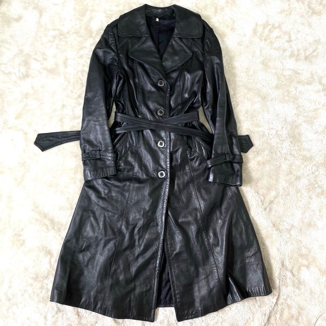 レザートレンチコート ✨漆黒の戦闘服✨ 羊革 ラムレザー オールレザー 42