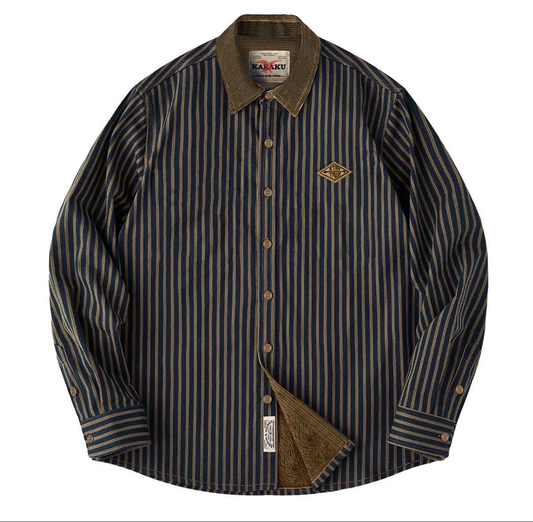 Karaku 刺繍コーデュロイ切替裏フリースストライプシャツ