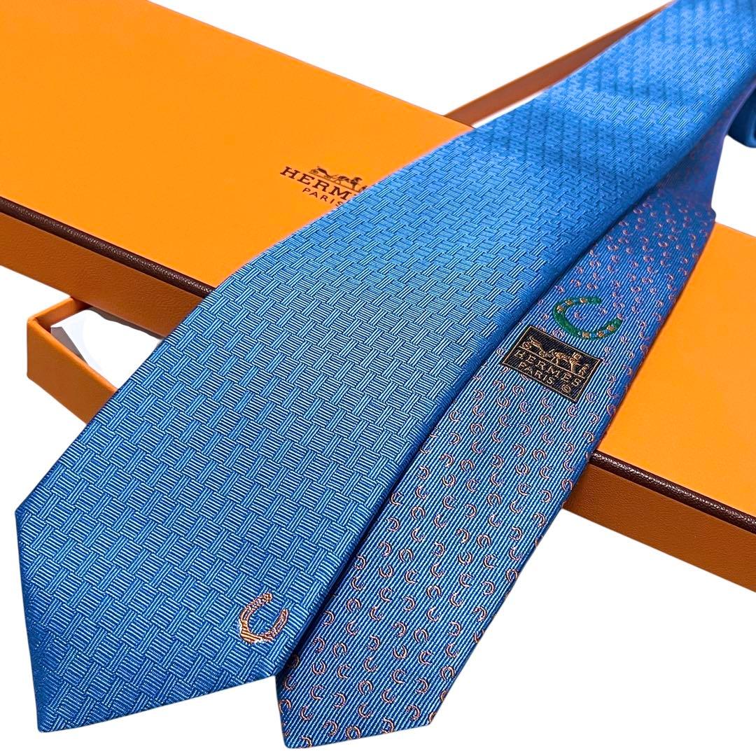 極美品　エルメス　ネクタイ　水色　ファソネ　ホースシュー　馬蹄　H柄　ジャガード