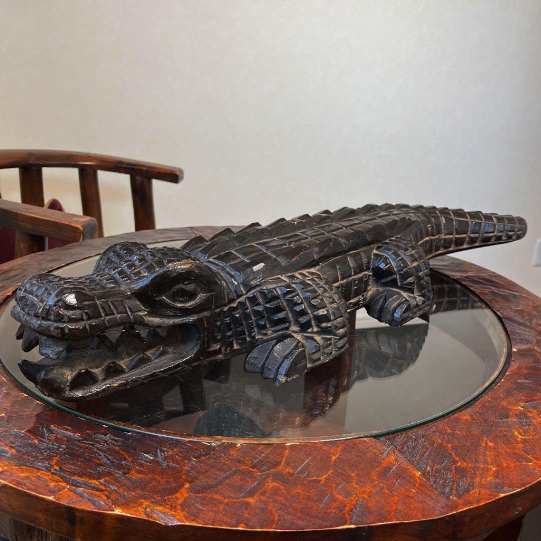 ワニ　アンティーク　木製　置物