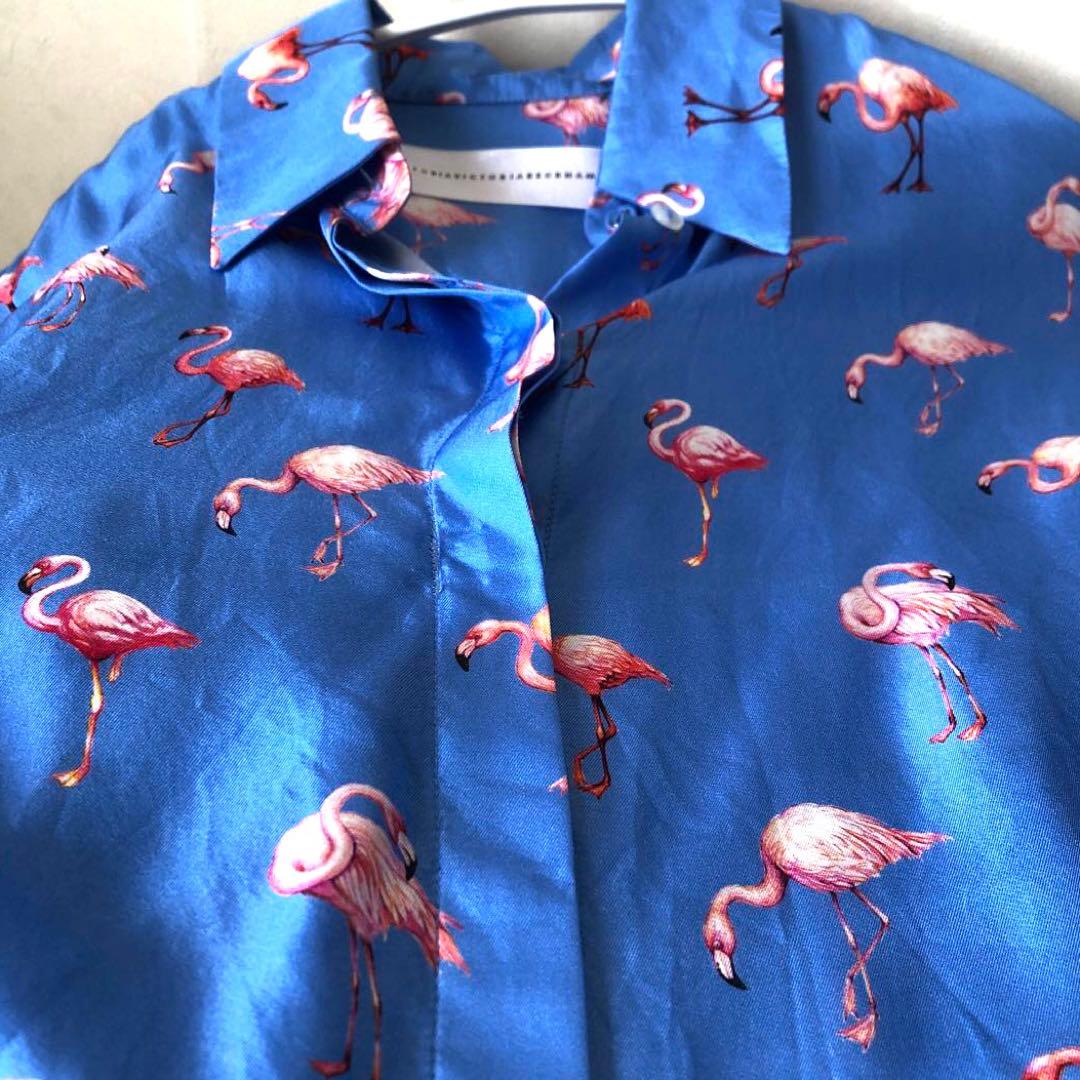 ビクトリアベッカム シルク 絹 フラミンゴ柄 長袖シャツ ダブルカフス