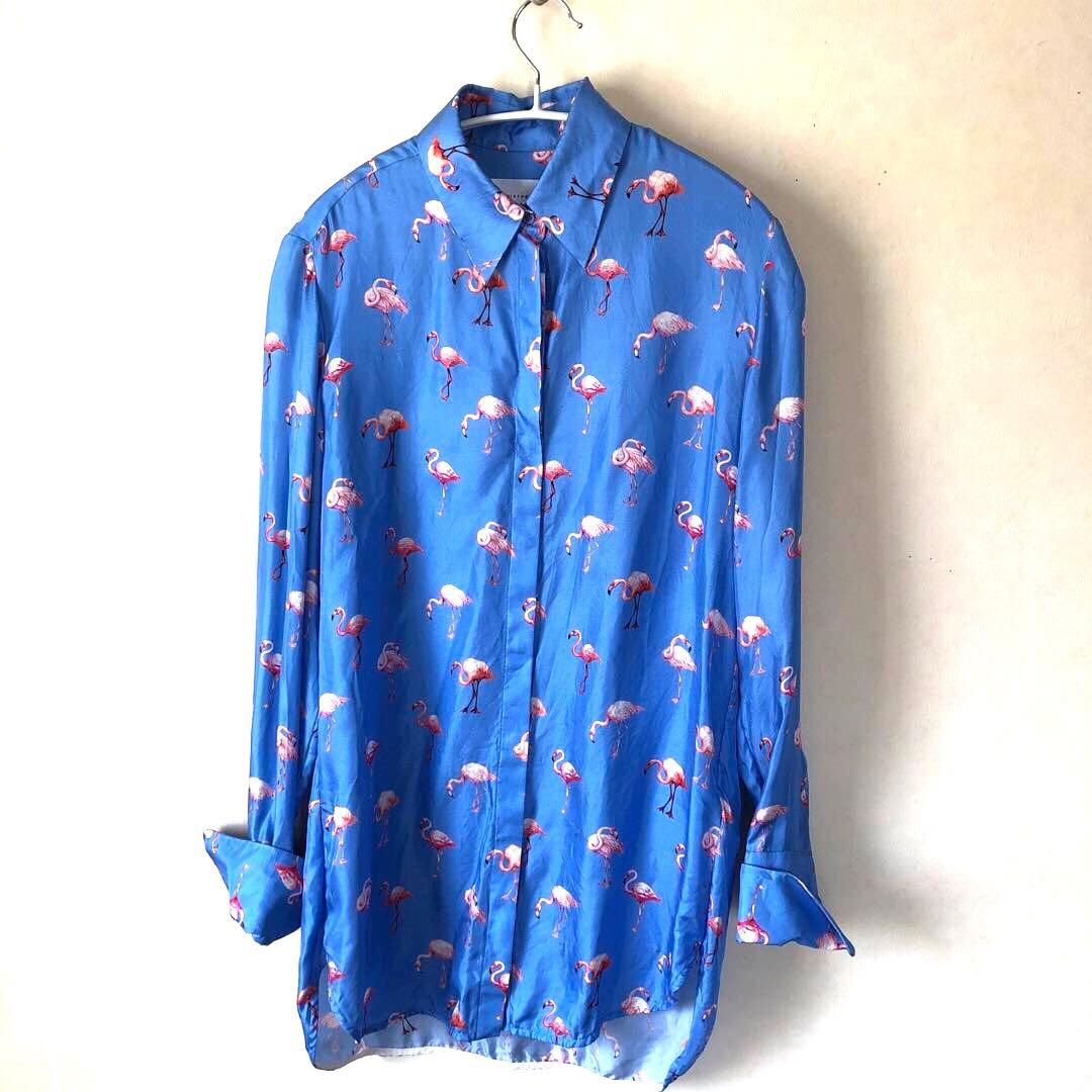 ビクトリアベッカム シルク 絹 フラミンゴ柄 長袖シャツ ダブルカフス
