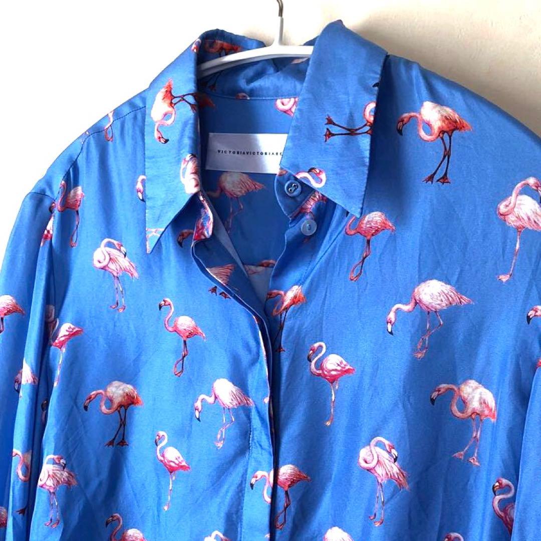 ビクトリアベッカム シルク 絹 フラミンゴ柄 長袖シャツ ダブルカフス