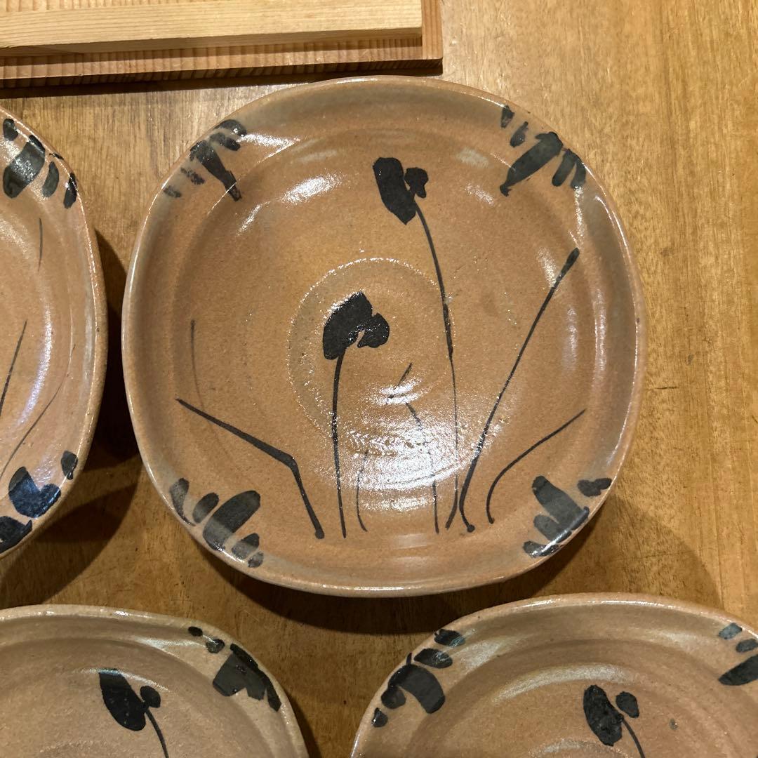 唐津菅ノ谷窯　舛田重信　絵唐津　変形鉢　五客 箱付