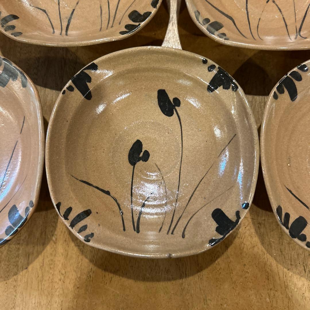 唐津菅ノ谷窯　舛田重信　絵唐津　変形鉢　五客 箱付