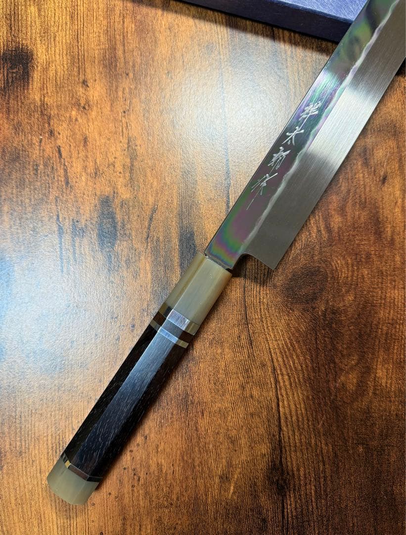 祥太郎作　刺身 柳刃　本焼　青鋼　尺一　鏡面　包丁　黒檀水牛八角柄