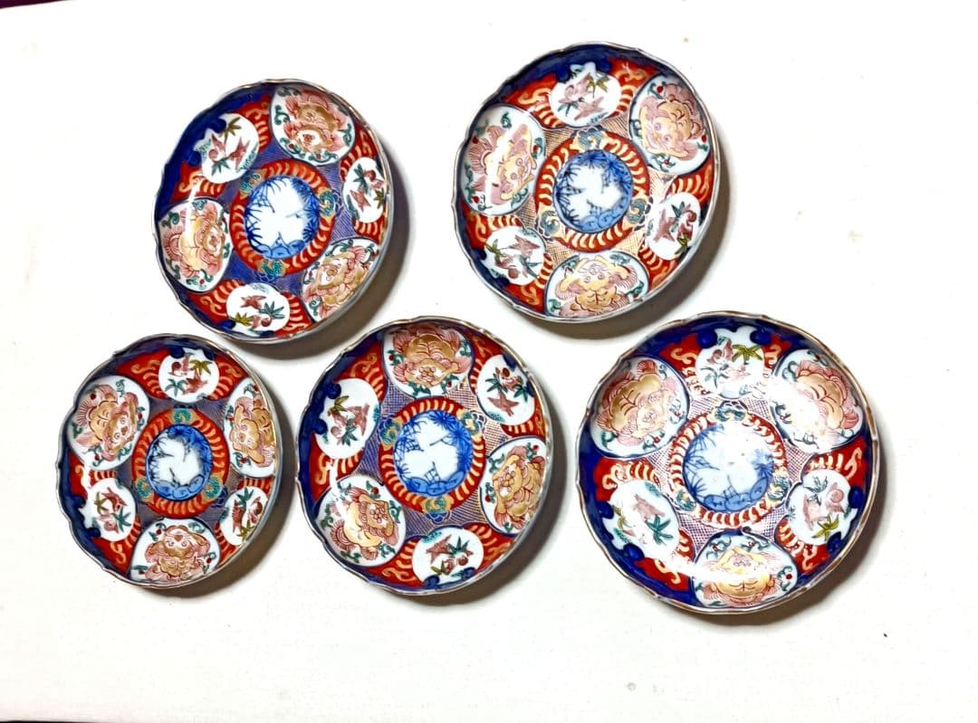 色絵窓絵獅子雀文稜花小皿(見込みに藍の松葉)5枚セット