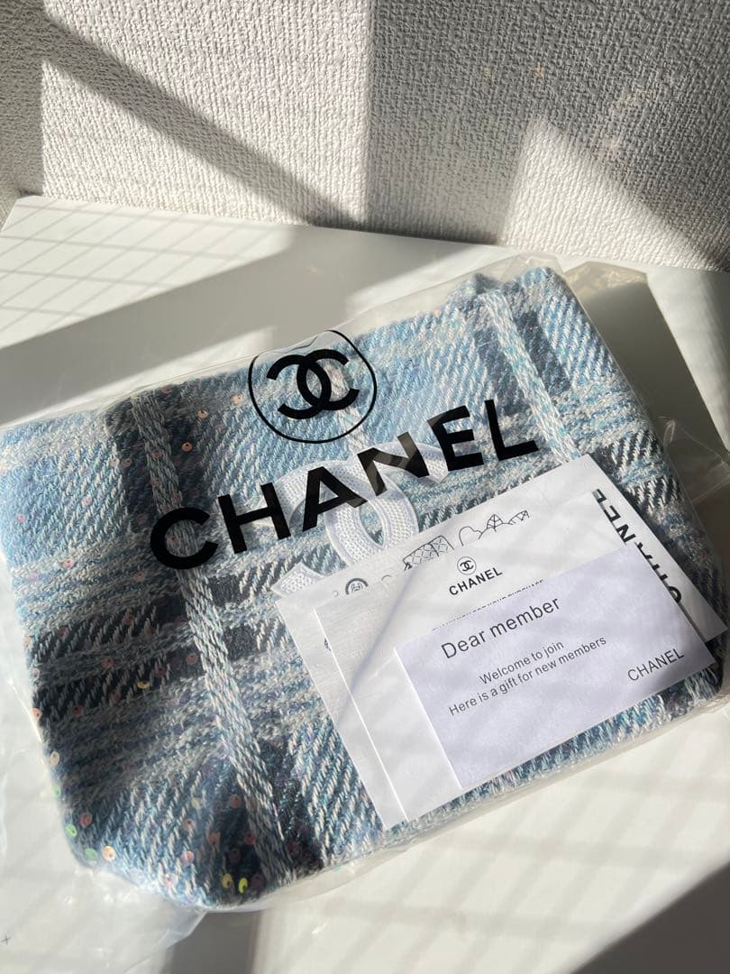 CHANELシャネル ココマークツイードスパンコール トートバッグ　ブルー