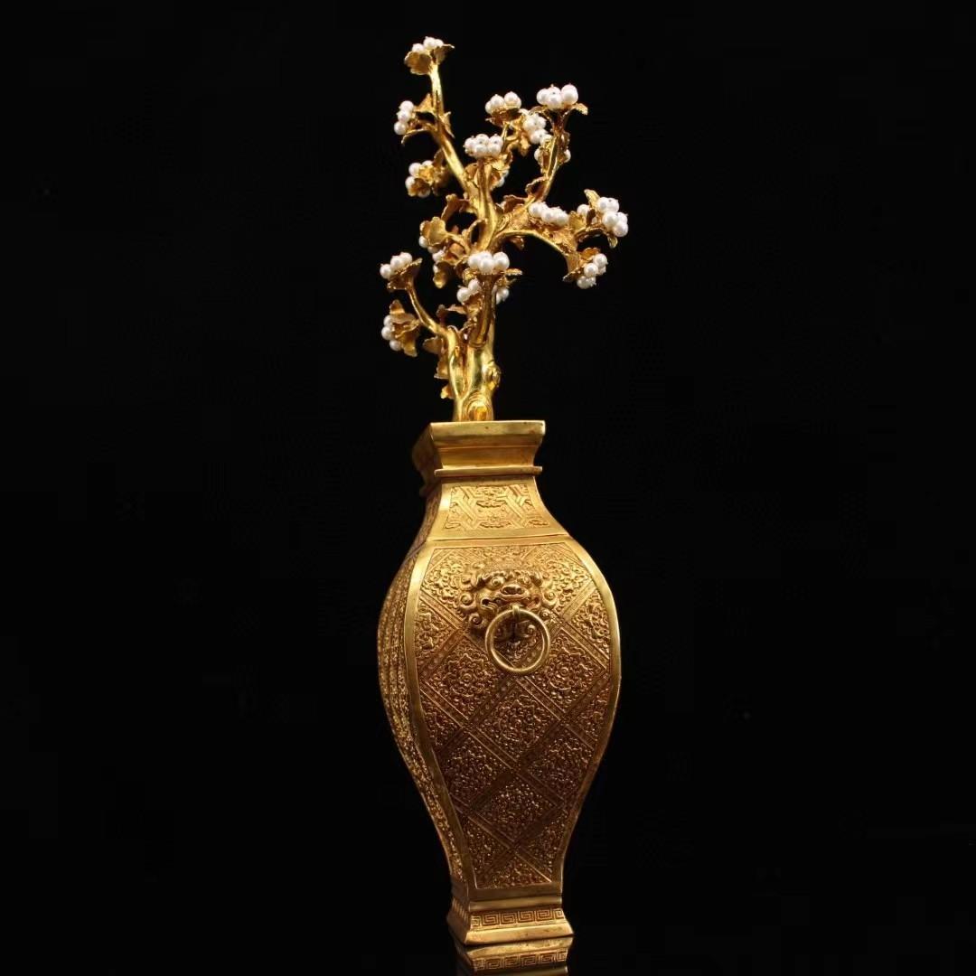 中国古美術・旧藏純銅製鎏金招財運樹の花瓶・真珠を象嵌・置物・風水開運 ・純手作り